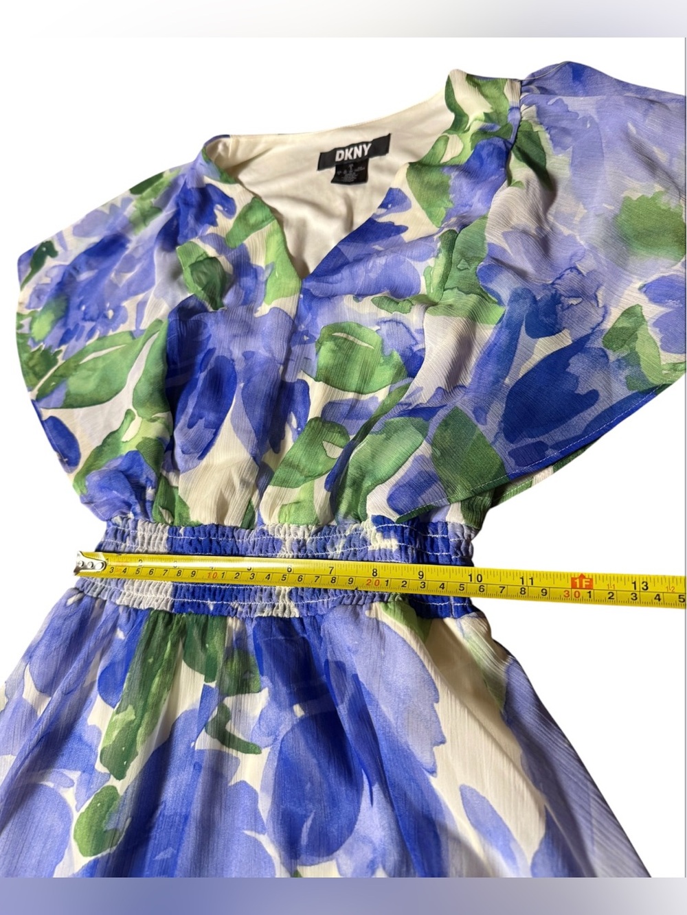 DKNY Floral V-Neck Smocked Waist Flutter Sleeveless Dress Women’s Size 2 - Picture 9 of 16